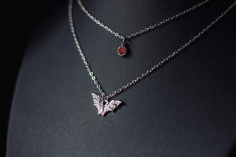 Layered Bat & Rhinestone Necklace – Gothic Stainless Steel Statement Jewelry