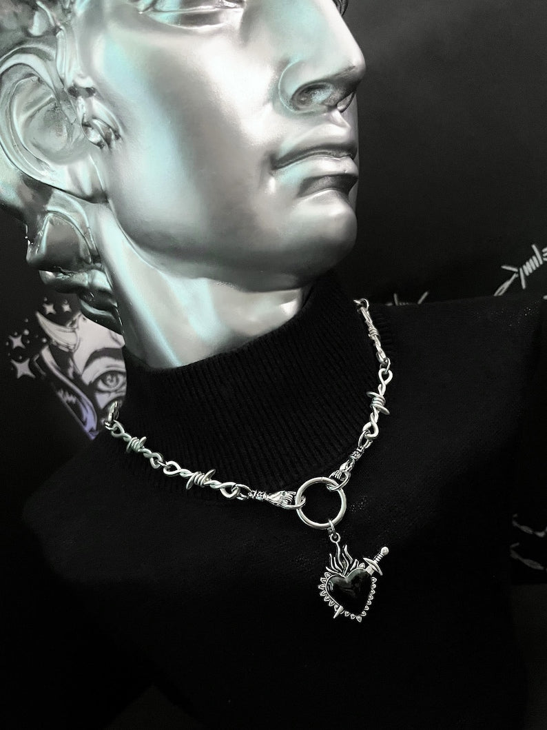 HAND & SACRED HEART dagger barbed wire necklace, alternative choker, Chunky goth jewelry, alt gothic dagger charm, hand made jewellery