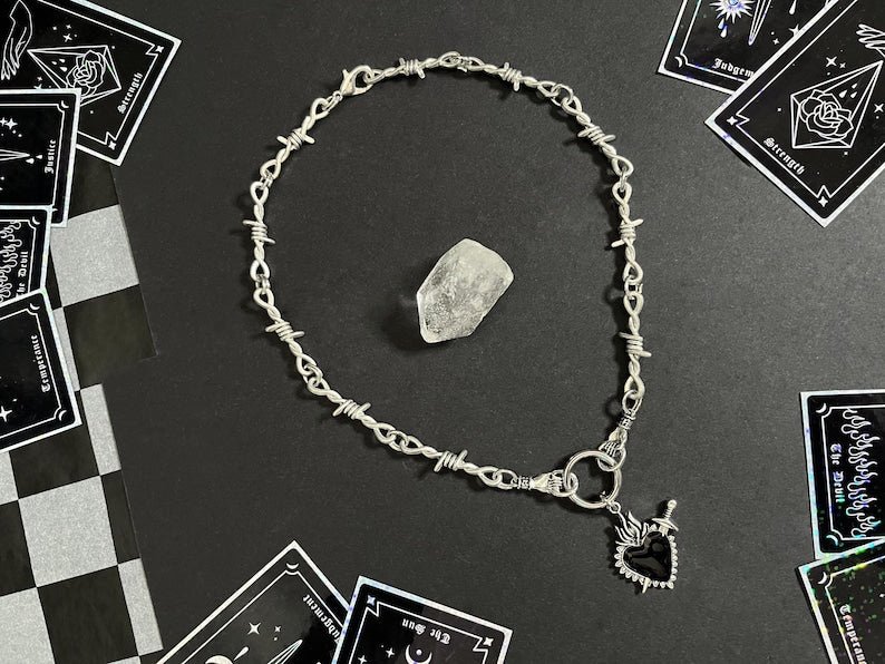 HAND & SACRED HEART dagger barbed wire necklace, alternative choker, Chunky goth jewelry, alt gothic dagger charm, hand made jewellery