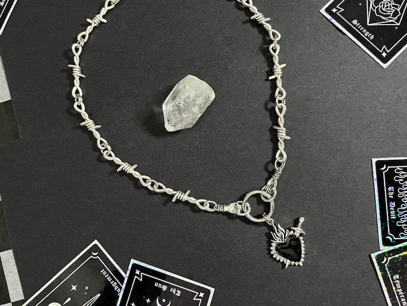 HAND & SACRED HEART dagger barbed wire necklace, alternative choker, Chunky goth jewelry, alt gothic dagger charm, hand made jewellery