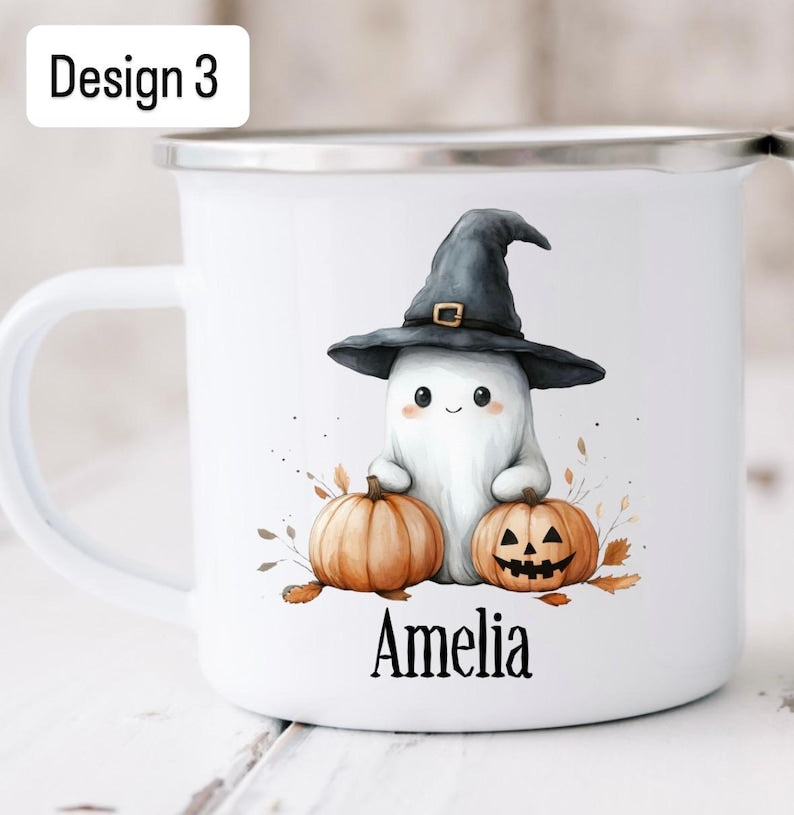 Personalised Children’s Halloween Enamel Mug – Custom Name Design