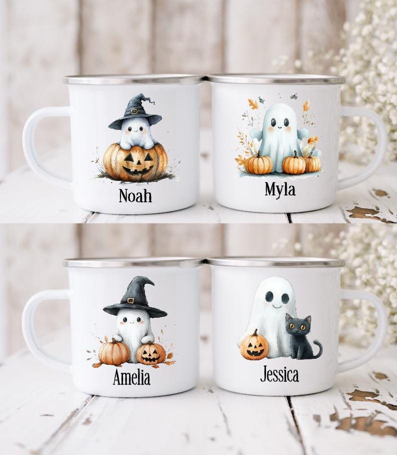 Personalised Children’s Halloween Enamel Mug – Custom Name Design