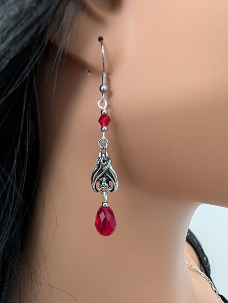 Gothic Vampire Bat Earrings with Red Teardrop Crystals – Choose from 2 Enchanting Designs