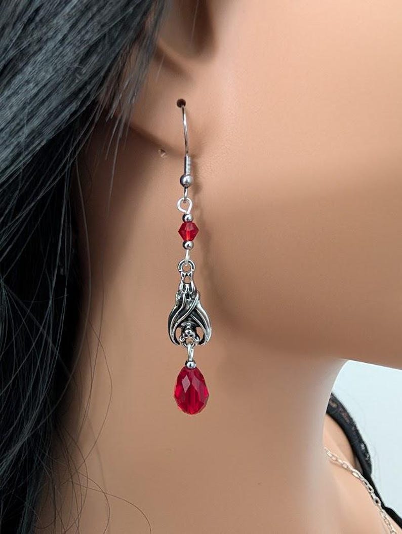 Gothic Vampire Bat Earrings with Red Teardrop Crystals – Choose from 2 Enchanting Designs