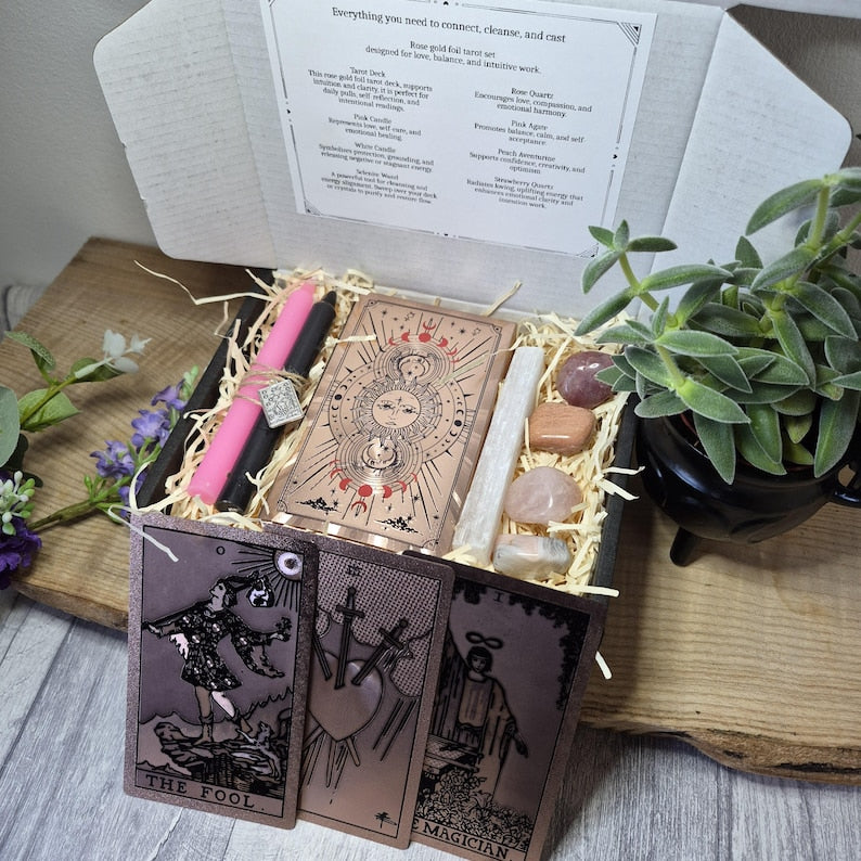 Luxury Tarot Gift Set – Rose Gold Foil Tarot Cards with Crystal Healing Tools & Ritual Essentials