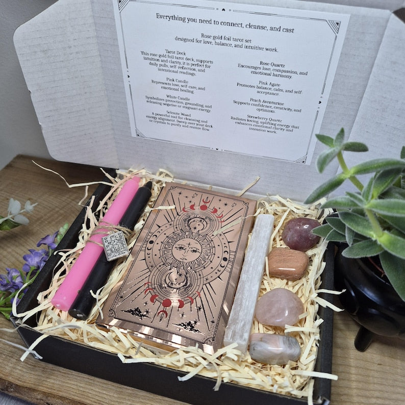 Luxury Tarot Gift Set – Rose Gold Foil Tarot Cards with Crystal Healing Tools & Ritual Essentials