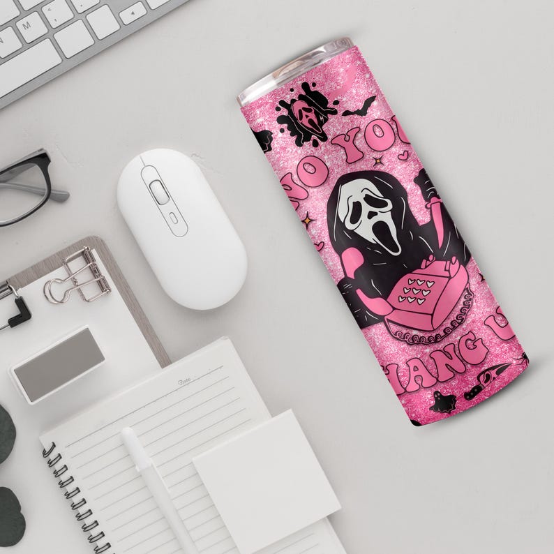 No You Hang Up Pink Glitter Ghostface Tumbler – 20oz Insulated Stainless Steel Travel Cup, Scary Movie Horror Gift, Halloween Gift