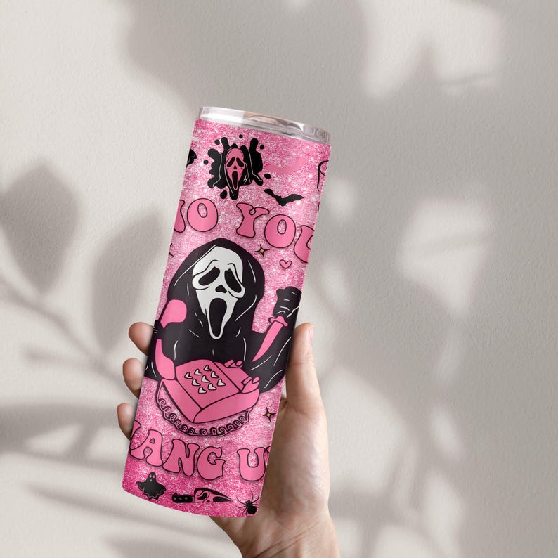 No You Hang Up Pink Glitter Ghostface Tumbler – 20oz Insulated Stainless Steel Travel Cup, Scary Movie Horror Gift, Halloween Gift