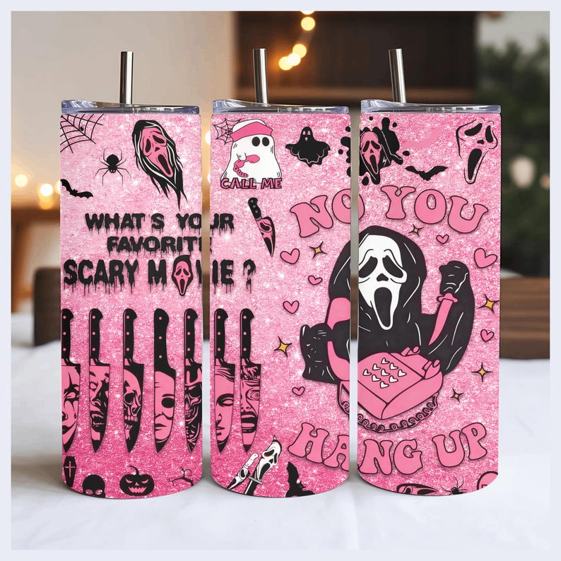 No You Hang Up Pink Glitter Ghostface Tumbler – 20oz Insulated Stainless Steel Travel Cup, Scary Movie Horror Gift, Halloween Gift
