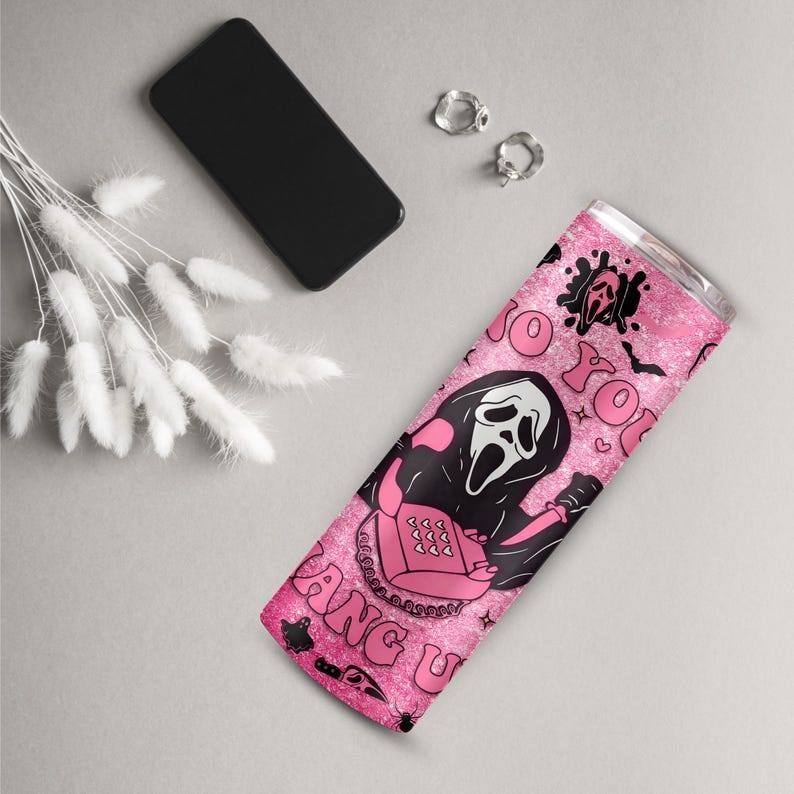 No You Hang Up Pink Glitter Ghostface Tumbler – 20oz Insulated Stainless Steel Travel Cup, Scary Movie Horror Gift, Halloween Gift