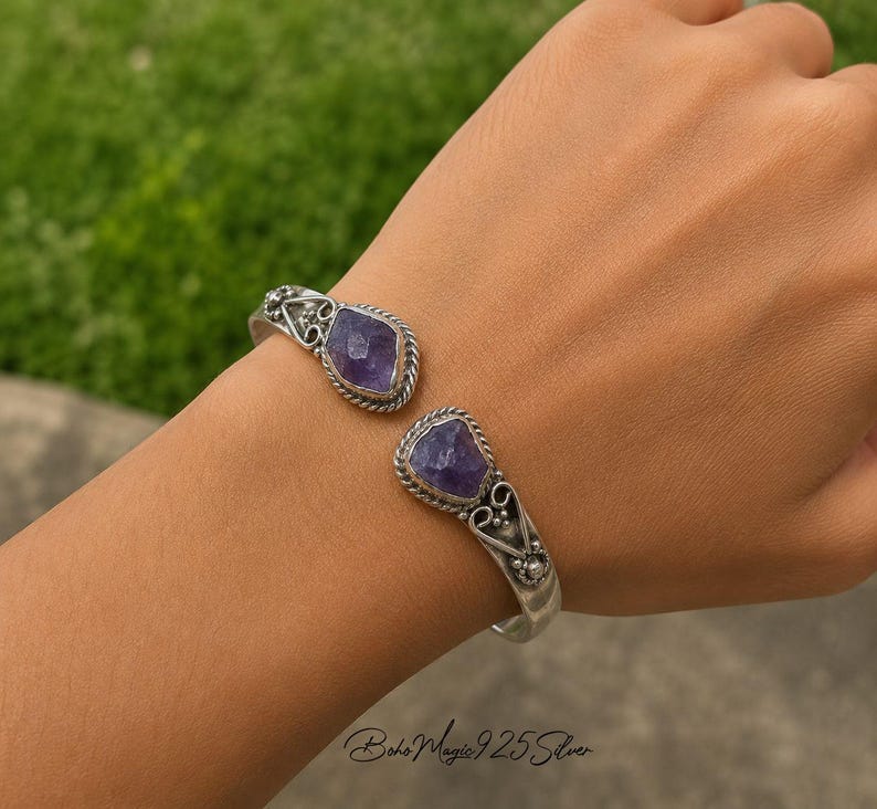 Handcrafted Raw Aquamarine 925 Sterling Silver Gemstone Bangle Bracelet