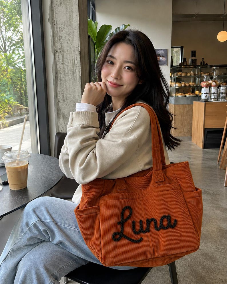 Personalized Corduroy Tote Bag with Custom Embroidered Name, Zipper & Pockets, Stylish Mom or Teacher Gift for Women