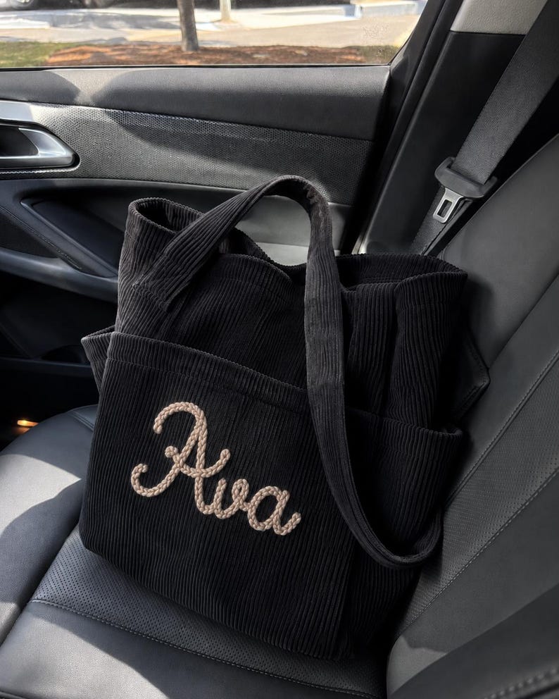Personalized Corduroy Tote Bag with Custom Embroidered Name, Zipper & Pockets, Stylish Mom or Teacher Gift for Women