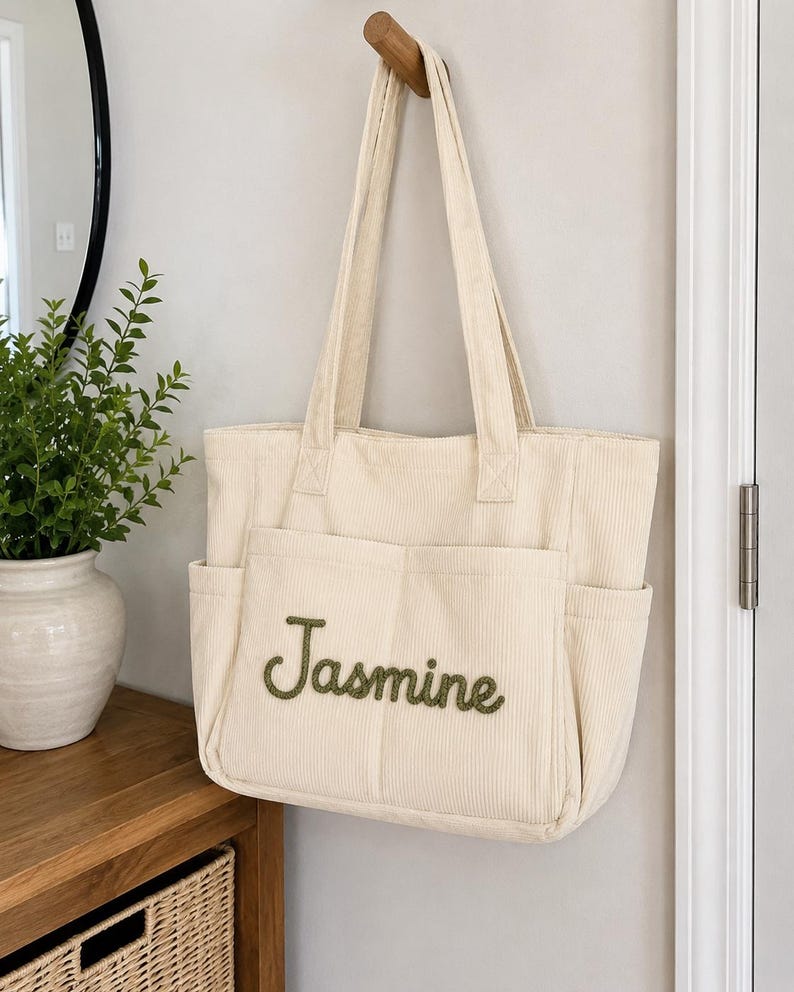 Personalized Corduroy Tote Bag with Custom Embroidered Name, Zipper & Pockets, Stylish Mom or Teacher Gift for Women