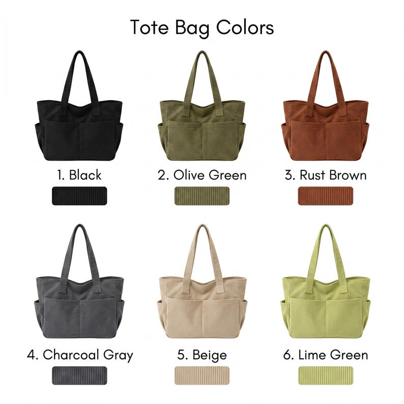 Personalized Corduroy Tote Bag with Custom Embroidered Name, Zipper & Pockets, Stylish Mom or Teacher Gift for Women
