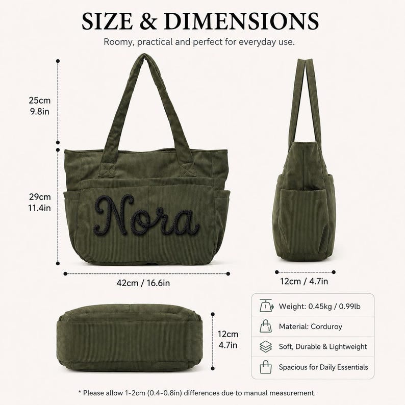 Personalized Corduroy Tote Bag with Custom Embroidered Name, Zipper & Pockets, Stylish Mom or Teacher Gift for Women