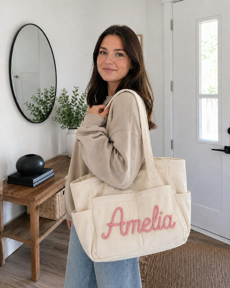 Personalized Corduroy Tote Bag with Custom Embroidered Name, Zipper & Pockets, Stylish Mom or Teacher Gift for Women