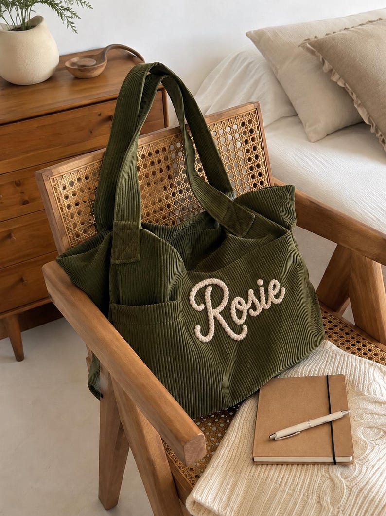 Personalized Corduroy Tote Bag with Custom Embroidered Name, Zipper & Pockets, Stylish Mom or Teacher Gift for Women