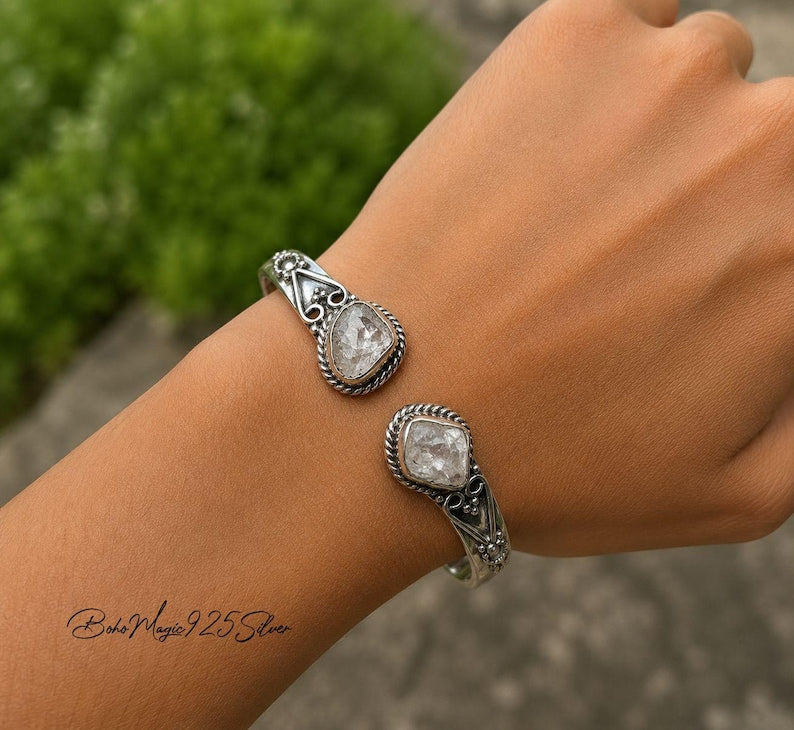 Handcrafted Raw Aquamarine 925 Sterling Silver Gemstone Bangle Bracelet