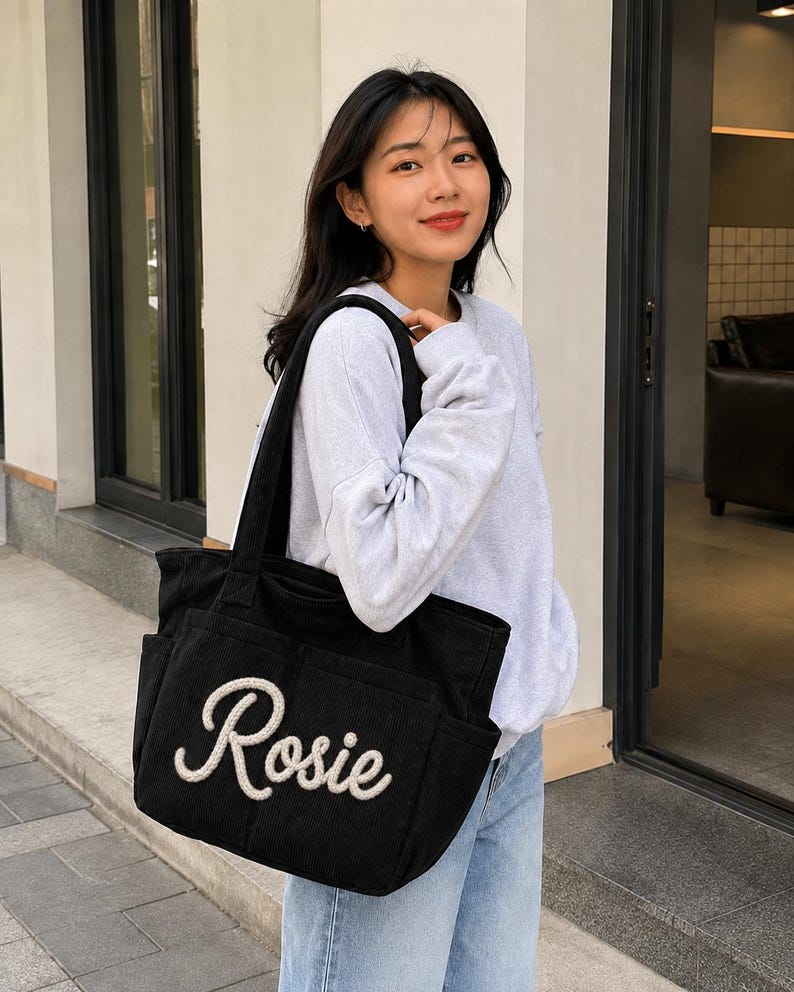 Personalized Corduroy Tote Bag with Custom Embroidered Name, Zipper & Pockets, Stylish Mom or Teacher Gift for Women