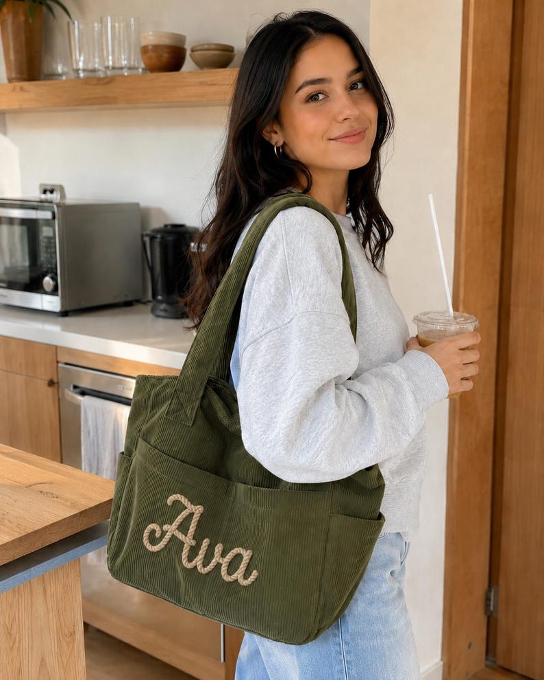 Personalized Corduroy Tote Bag with Custom Embroidered Name, Zipper & Pockets, Stylish Mom or Teacher Gift for Women