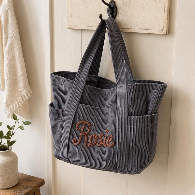 Personalized Corduroy Tote Bag with Custom Embroidered Name, Zipper & Pockets, Stylish Mom or Teacher Gift for Women
