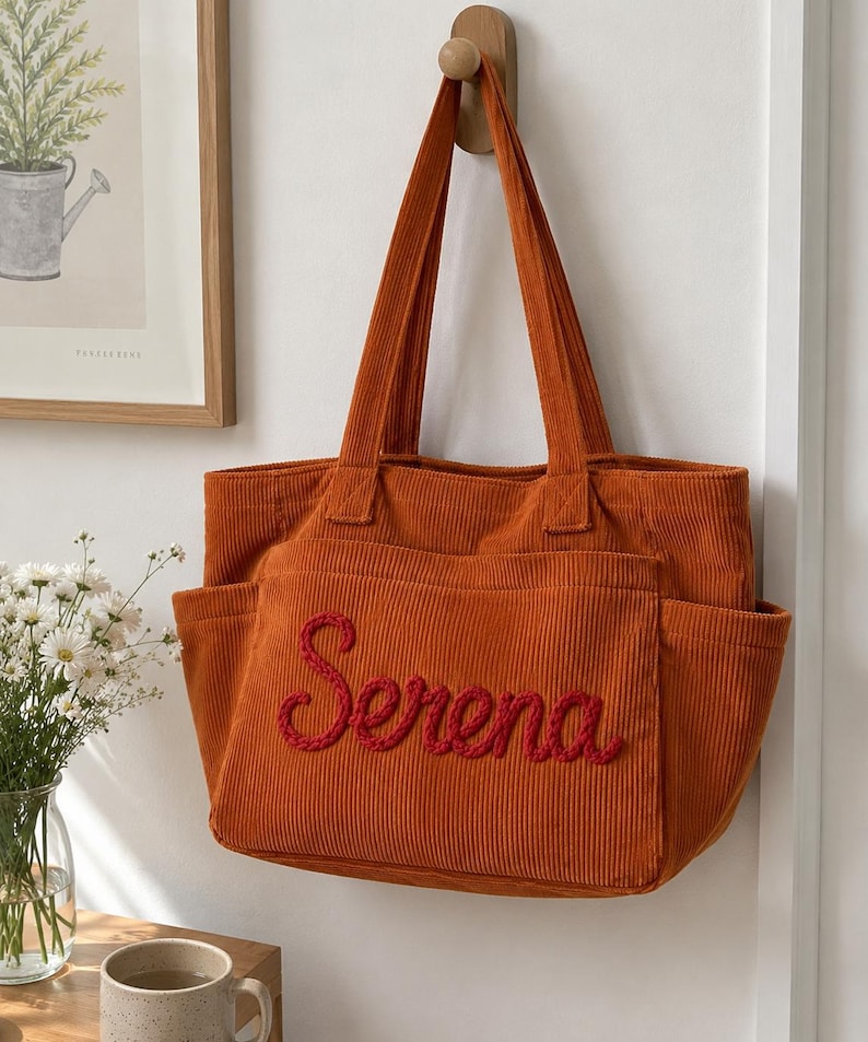 Personalized Corduroy Tote Bag with Custom Embroidered Name, Zipper & Pockets, Stylish Mom or Teacher Gift for Women