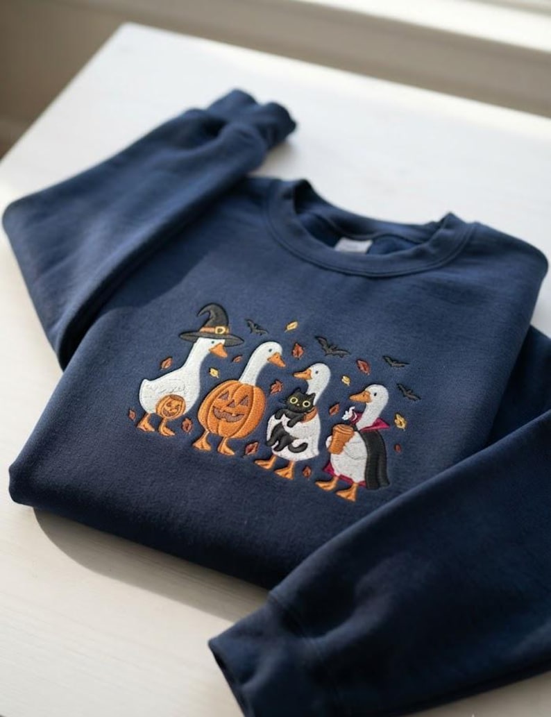 Embroidered Halloween Goose Crewneck, Spooky Goose Shirt, Ghost Goose Shirt, Cozy Season Embroidered Sweatshirt, Autumn Pumpkin Shirt