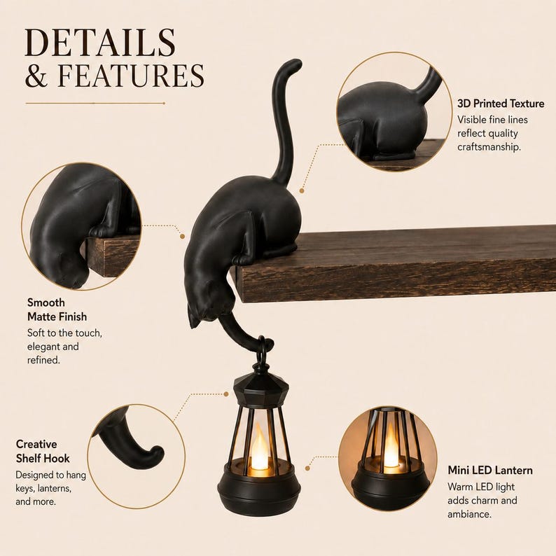 Personalized 3D-Printed Cat Shelf Hook with Light & Custom Name, Gothic Bookshelf Hanging Lamp Decor, Unique Halloween Gift for Cat Lovers and Pet Owners
