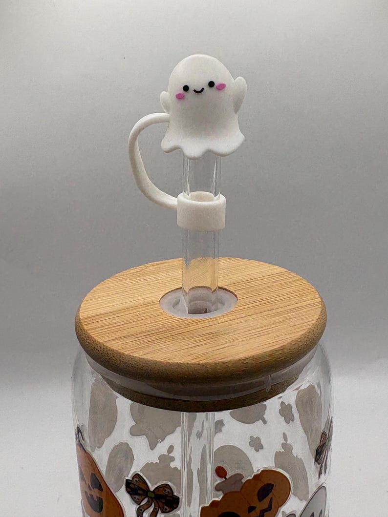 Hand-Decorated Halloween Glass Tumbler with Glass Straw, Ghost Lid & Cleaning Brush