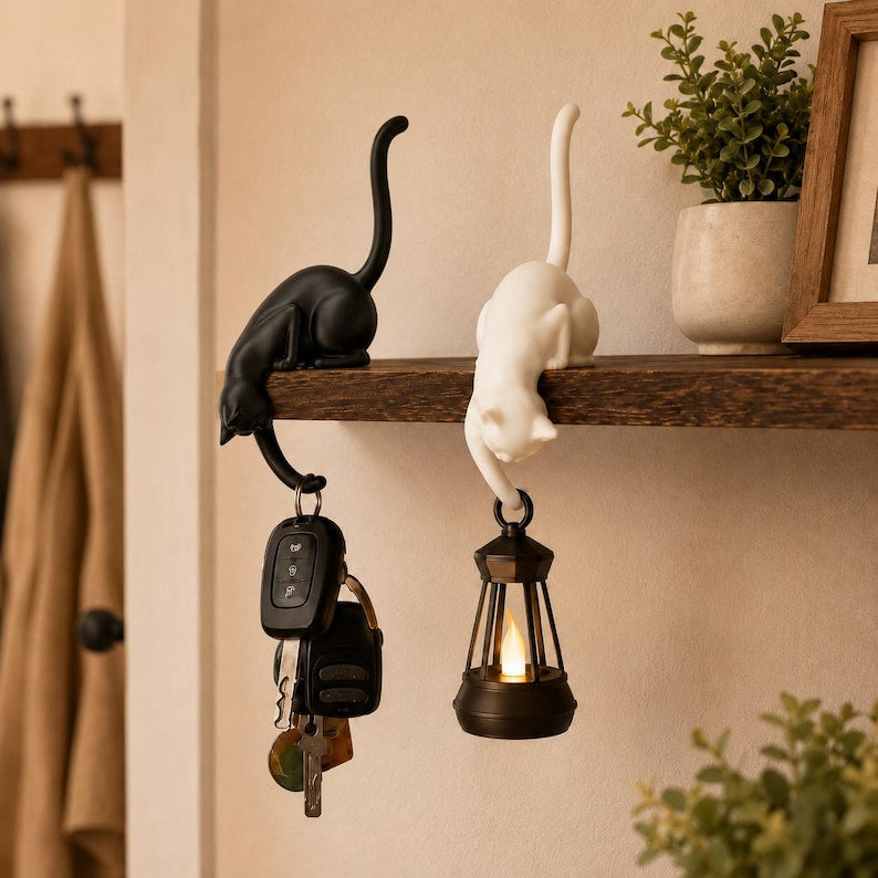 Personalized 3D-Printed Cat Shelf Hook with Light & Custom Name, Gothic Bookshelf Hanging Lamp Decor, Unique Halloween Gift for Cat Lovers and Pet Owners