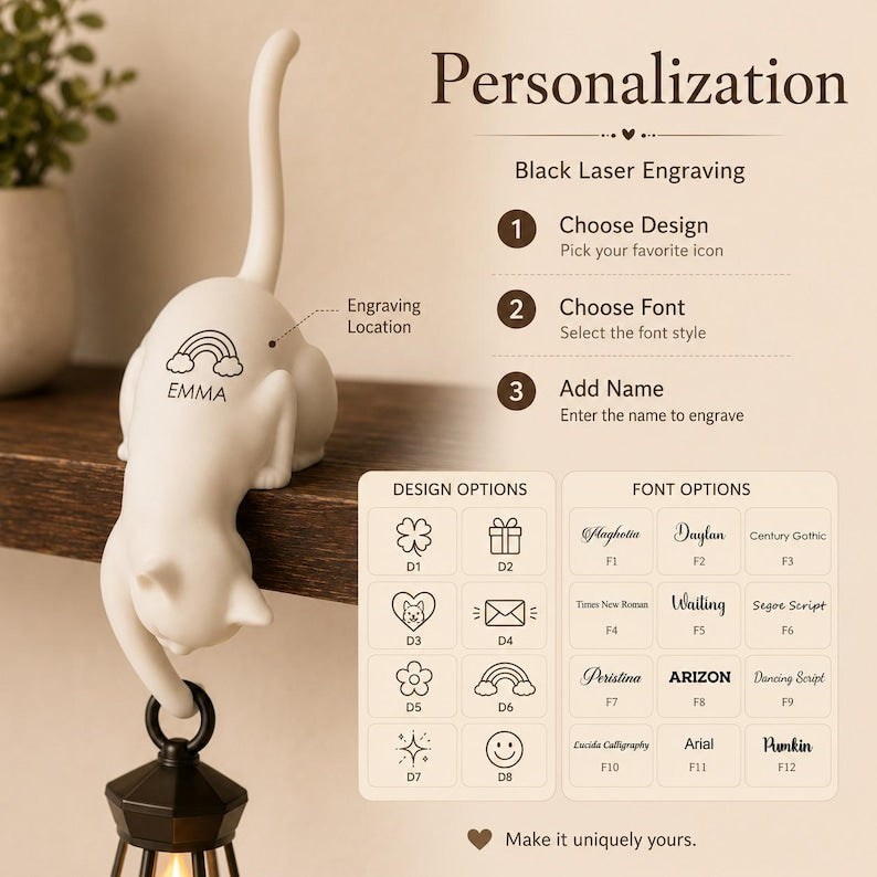 Personalized 3D-Printed Cat Shelf Hook with Light & Custom Name, Gothic Bookshelf Hanging Lamp Decor, Unique Halloween Gift for Cat Lovers and Pet Owners