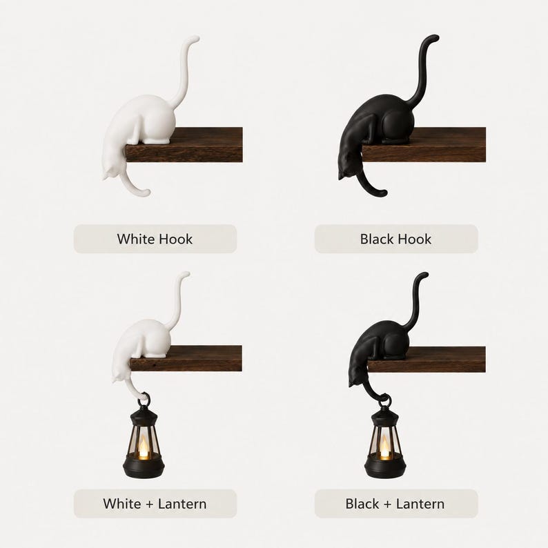 Personalized 3D-Printed Cat Shelf Hook with Light & Custom Name, Gothic Bookshelf Hanging Lamp Decor, Unique Halloween Gift for Cat Lovers and Pet Owners