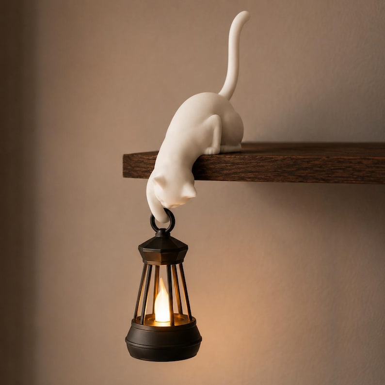 Personalized 3D-Printed Cat Shelf Hook with Light & Custom Name, Gothic Bookshelf Hanging Lamp Decor, Unique Halloween Gift for Cat Lovers and Pet Owners