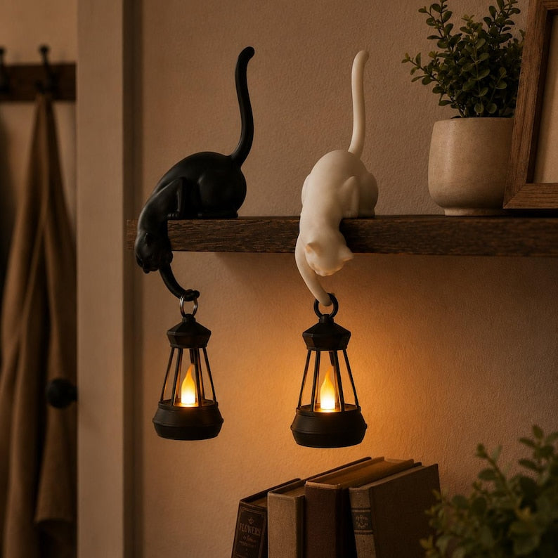 Personalized 3D-Printed Cat Shelf Hook with Light & Custom Name, Gothic Bookshelf Hanging Lamp Decor, Unique Halloween Gift for Cat Lovers and Pet Owners
