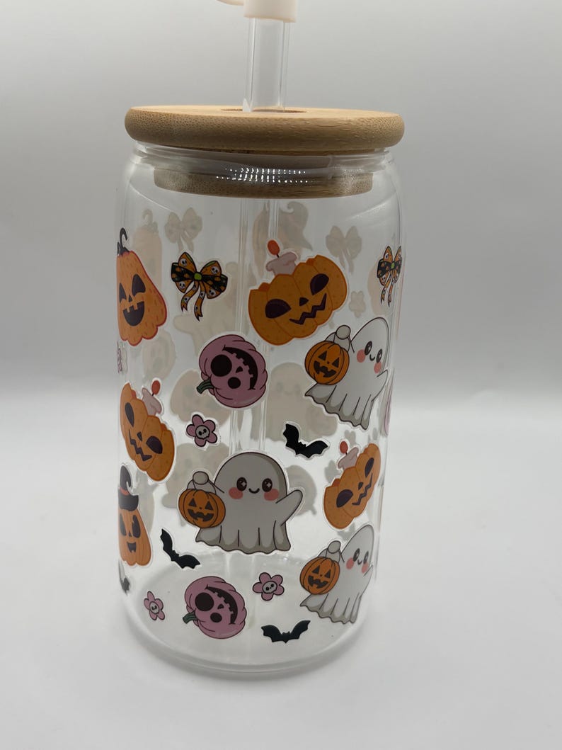 Hand-Decorated Halloween Glass Tumbler with Glass Straw, Ghost Lid & Cleaning Brush