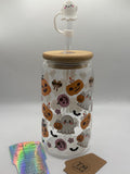 Hand-Decorated Halloween Glass Tumbler with Glass Straw, Ghost Lid & Cleaning Brush
