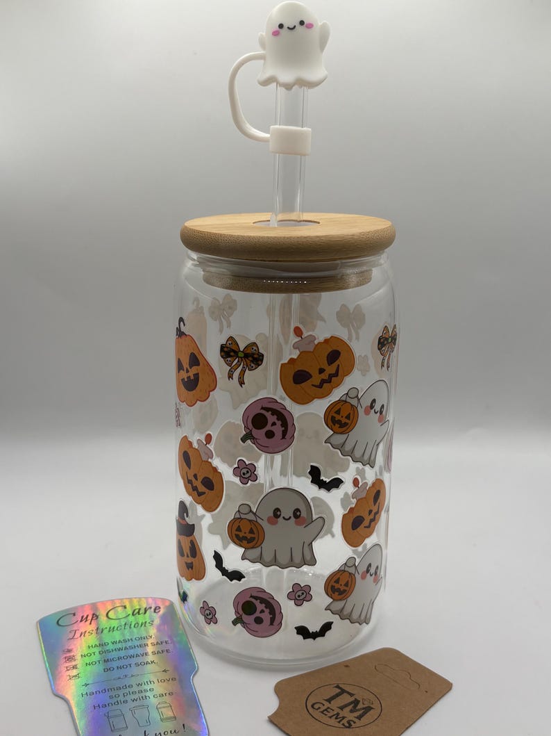 Hand-Decorated Halloween Glass Tumbler with Glass Straw, Ghost Lid & Cleaning Brush
