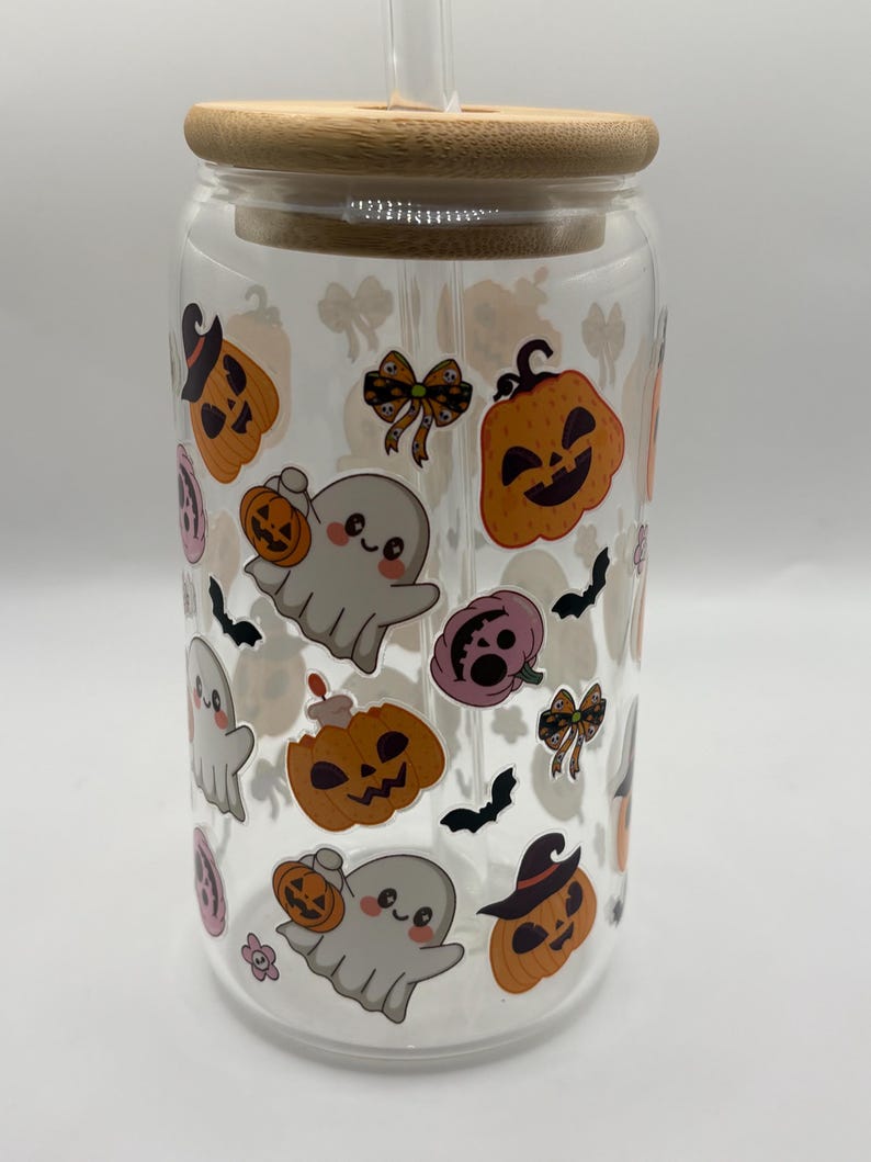 Hand-Decorated Halloween Glass Tumbler with Glass Straw, Ghost Lid & Cleaning Brush