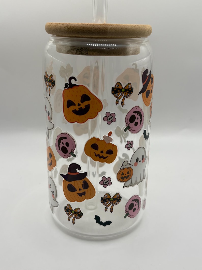 Hand-Decorated Halloween Glass Tumbler with Glass Straw, Ghost Lid & Cleaning Brush