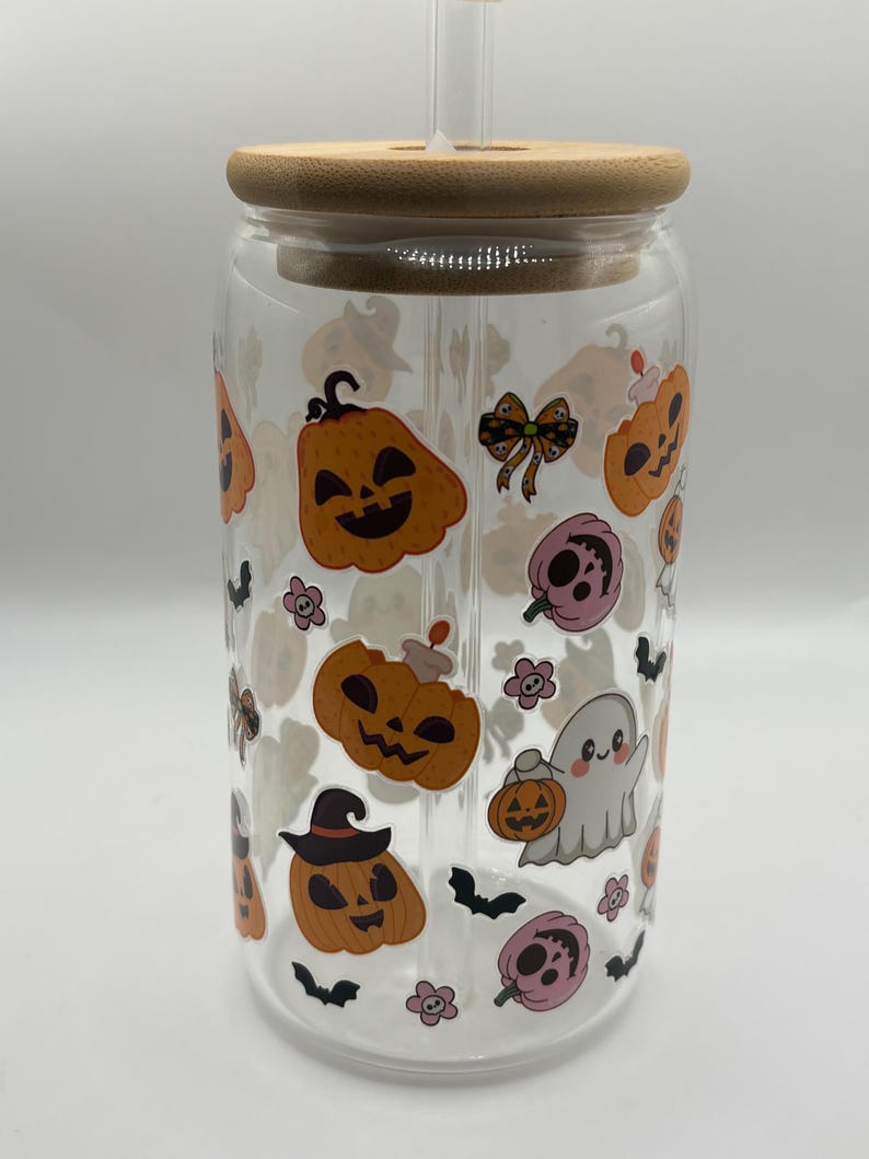 Hand-Decorated Halloween Glass Tumbler with Glass Straw, Ghost Lid & Cleaning Brush