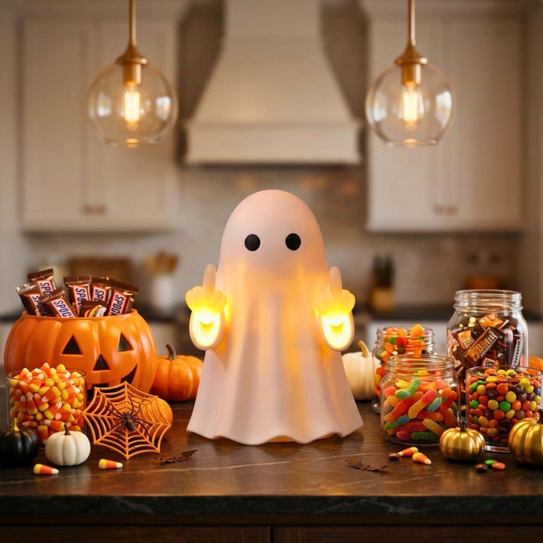 Funny Ghost Middle Finger LED Lamp, Cute Edgy Halloween Ghost Ornament, Cheeky Scary Seasonal Home Decor, Light-Up Ghost Decoration