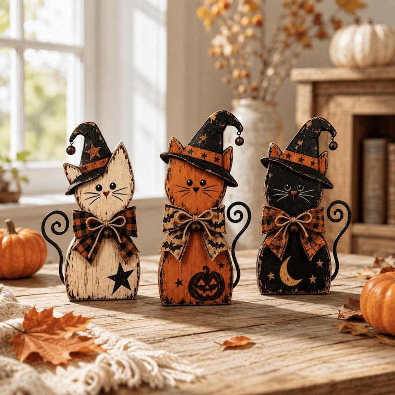 2D Wooden Cat Blocks, Halloween Wooden Rustic Shelf Sitter, Rustic Fall Tiered Tray Decor, Desktop Decor, Halloween Gifts