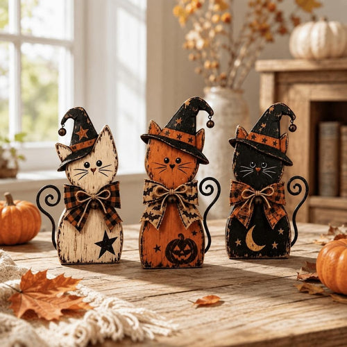 2D Wooden Cat Blocks, Halloween Wooden Rustic Shelf Sitter, Rustic Fall Tiered Tray Decor, Desktop Decor, Halloween Gifts