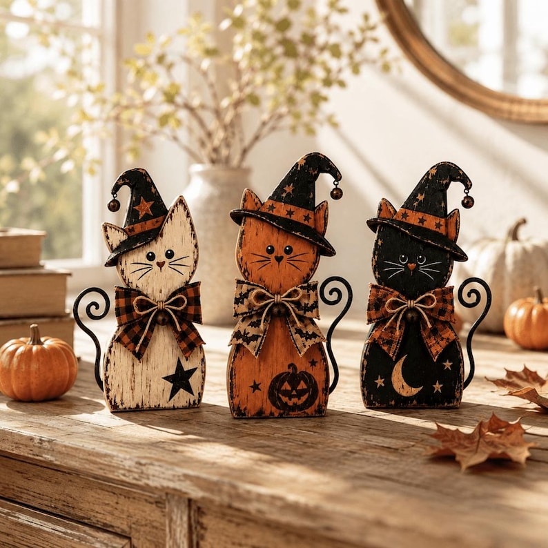 2D Wooden Cat Blocks, Halloween Wooden Rustic Shelf Sitter, Rustic Fall Tiered Tray Decor, Desktop Decor, Halloween Gifts