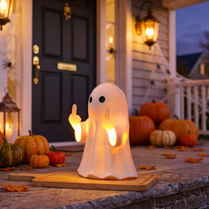 Funny Ghost Middle Finger LED Lamp, Cute Edgy Halloween Ghost Ornament, Cheeky Scary Seasonal Home Decor, Light-Up Ghost Decoration