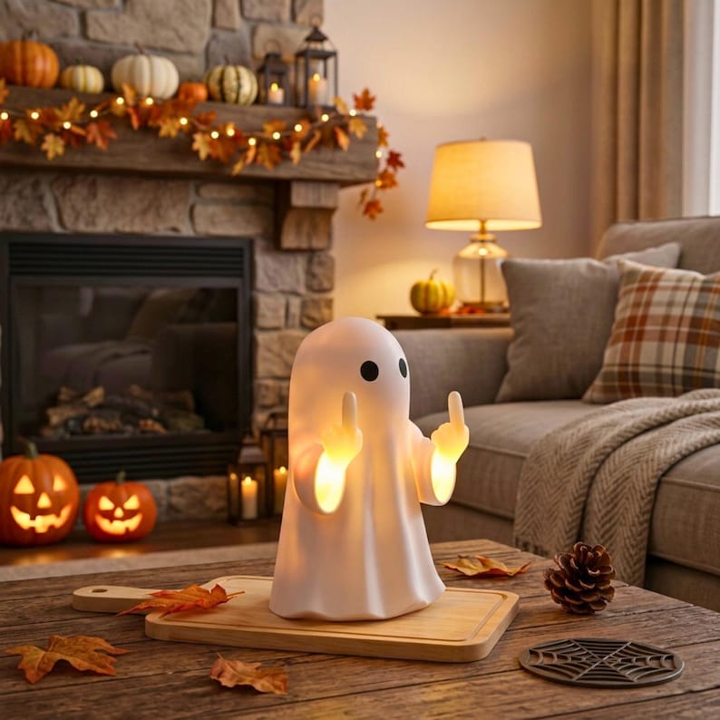 Funny Ghost Middle Finger LED Lamp, Cute Edgy Halloween Ghost Ornament, Cheeky Scary Seasonal Home Decor, Light-Up Ghost Decoration