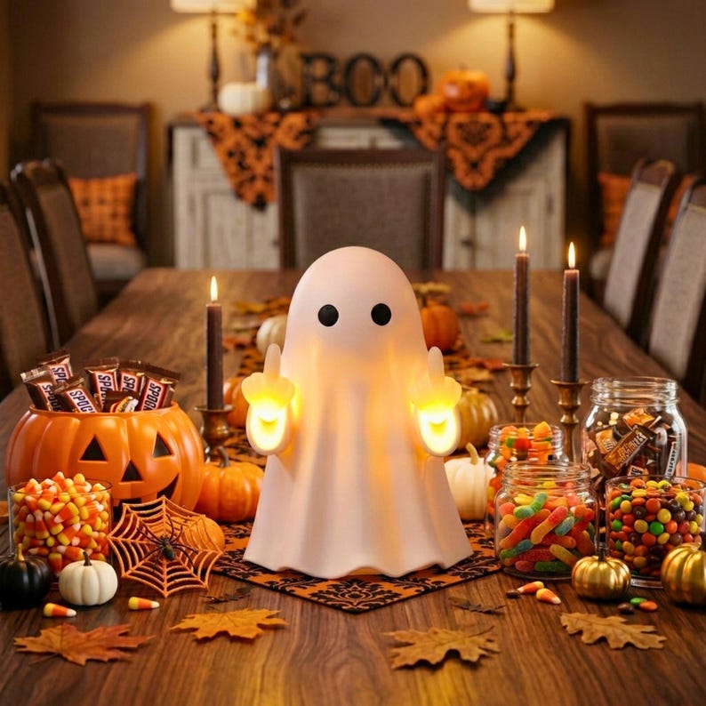 Funny Ghost Middle Finger LED Lamp, Cute Edgy Halloween Ghost Ornament, Cheeky Scary Seasonal Home Decor, Light-Up Ghost Decoration
