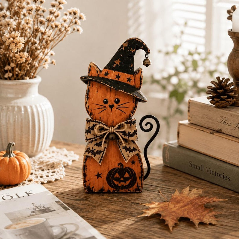 2D Wooden Cat Blocks, Halloween Wooden Rustic Shelf Sitter, Rustic Fall Tiered Tray Decor, Desktop Decor, Halloween Gifts