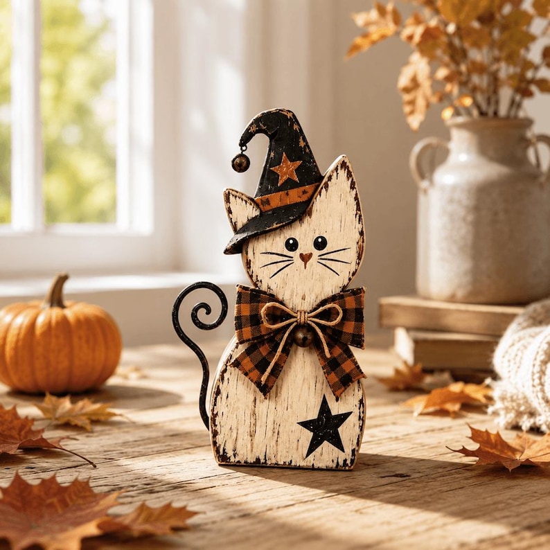 2D Wooden Cat Blocks, Halloween Wooden Rustic Shelf Sitter, Rustic Fall Tiered Tray Decor, Desktop Decor, Halloween Gifts